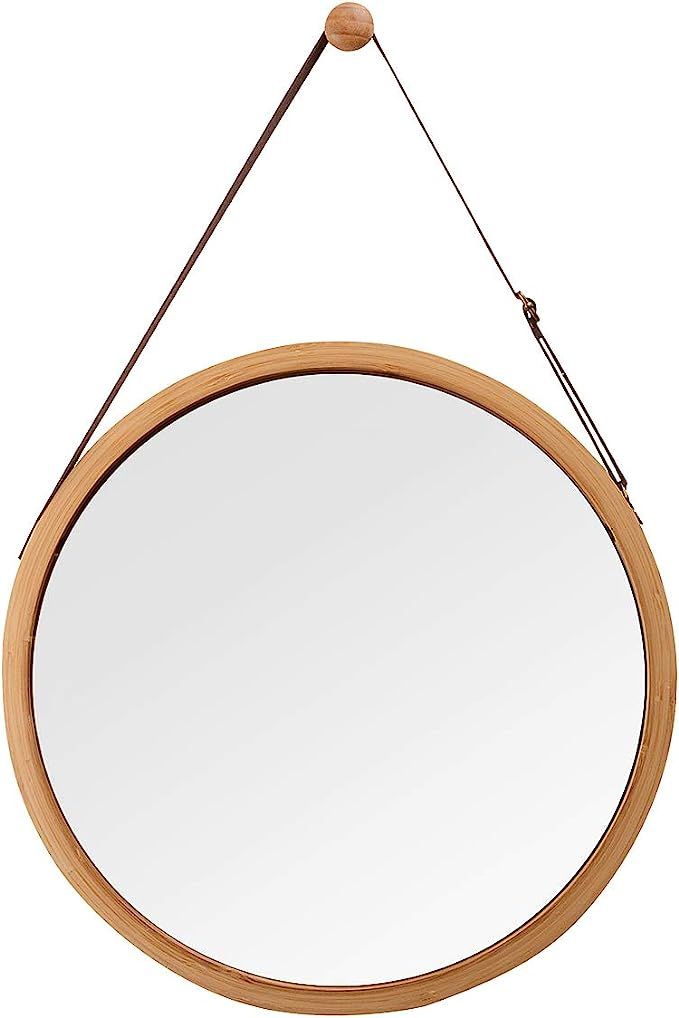 Hanging Round Wall Mirror in Bathroom & Bedroom - Solid Bamboo Frame & Adjustable Leather Strap (... | Amazon (US)