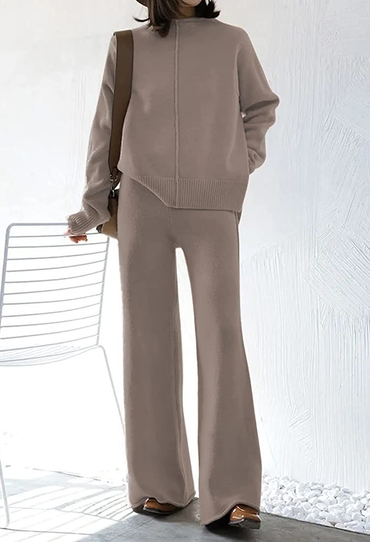 Fixmatti Women Knitted 2 Pieces Outfits Long Sleeve Top Wide Leg Pants Sweater Suits Sets Khaki M... | Amazon (US)