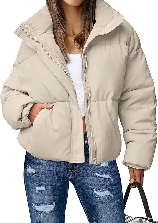 MEROKEETY Women's Winter Long Sleeve Zip Puffer Jacket Stand Collar Baggy Short Down Coats with P... | Amazon (US)