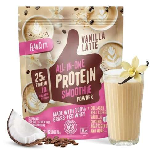 FlavCity All in One Protein Shake Powder, Vanilla Latte - 60mg Caffeine + Collagen Peptides, Reishi & Cordyceps - Focus, Skin, Hair & Joint Support - 100% Grass Fed Whey, 20 Servings | Amazon (US)