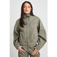 boohoo Women's Funnel Neck Jacket in Khaki | Size: 12 | Denim/Polyurethane | boohoo (US & Canada)