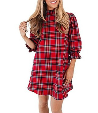 J.Marie Hollin Woven Plaid Mock Neck Long Sleeve Back Bow Dress - XS | Dillard's