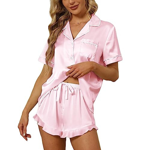 SAPJON Satin Silk Pajamas for Women 2Pcs Ruffle Notch Collar Sleepwear Button Down Short Sleeve Shorts Pjs Set Loungewear Pink | Amazon (US)
