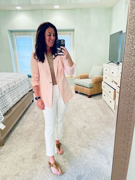 Pink blazer white crops for spring

Pants: tts 28
Top: tts small
Shoes: old linked similar 
Blazer: old linked similar 


#LTKworkwear #LTKSeasonal #LTKover40