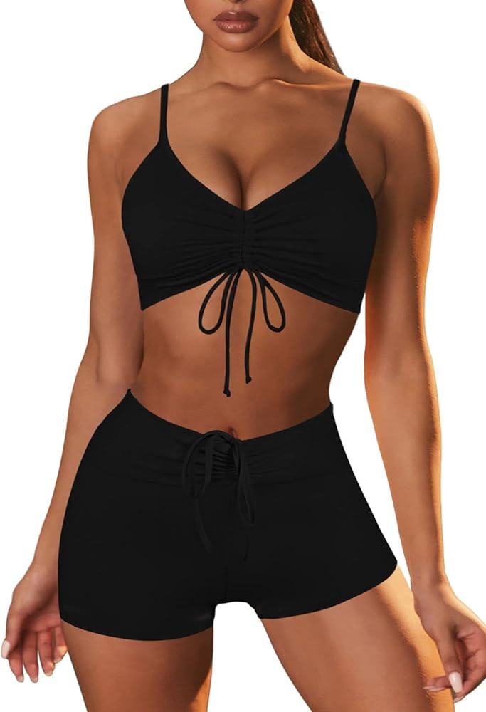 Pink Queen Women's Ruched Bikini Swimsuit 2 Piece High Waisted Athletic Shorts Bathing Suit | Amazon (US)