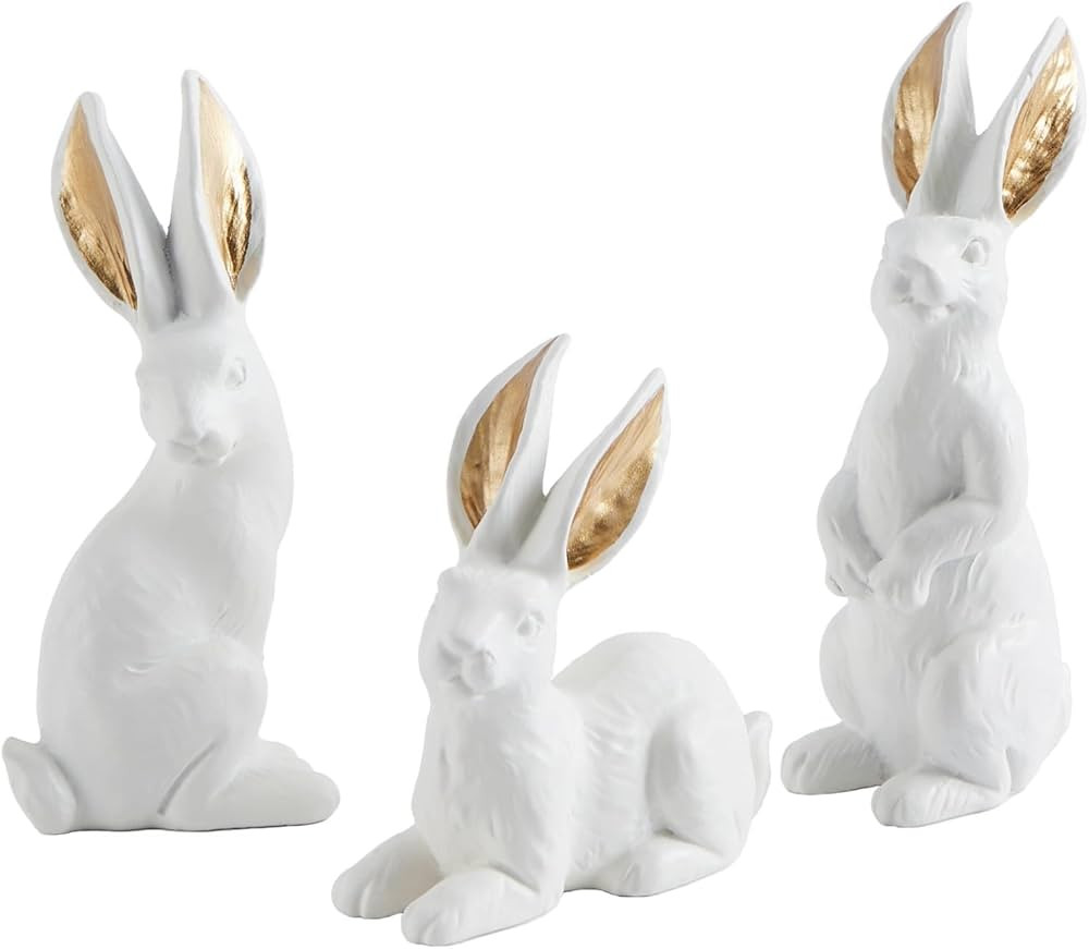 DN DECONATION Easter Bunny Figurines Set of 3, White Resin Rabbit Statues with Gold Ears for Home... | Amazon (US)