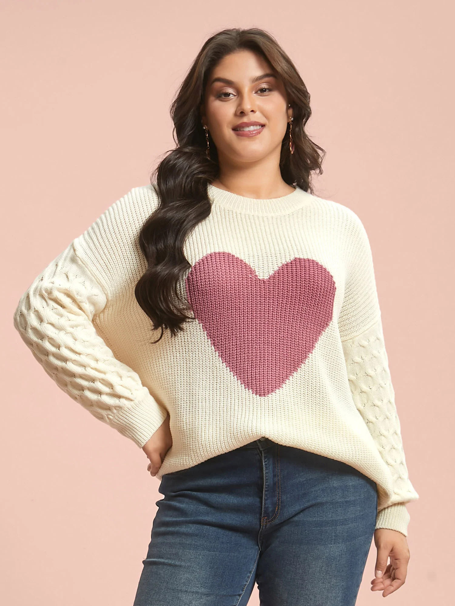 Round Neck Heart Cable Knit Pullover | Bloomchic