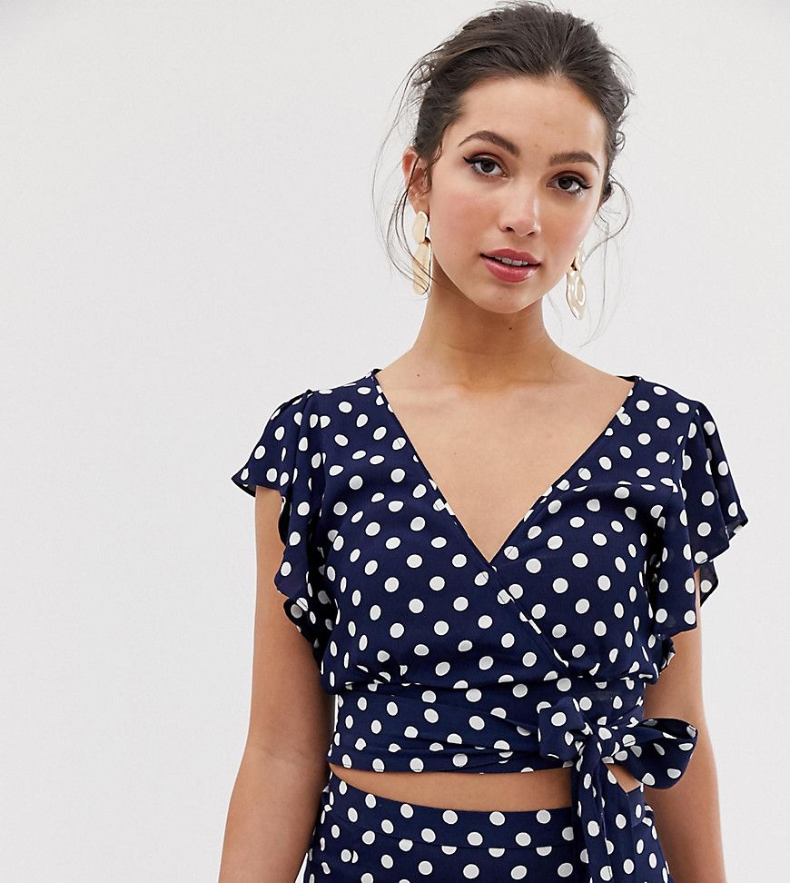 Oasis wrap crop top with frill sleeves in polka dot-Multi | ASOS (Global)