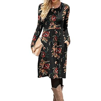 DB MOON Women Casual Long Sleeve Dresses Empire Waist Knee Length Loose Dress with Pockets | Amazon (US)