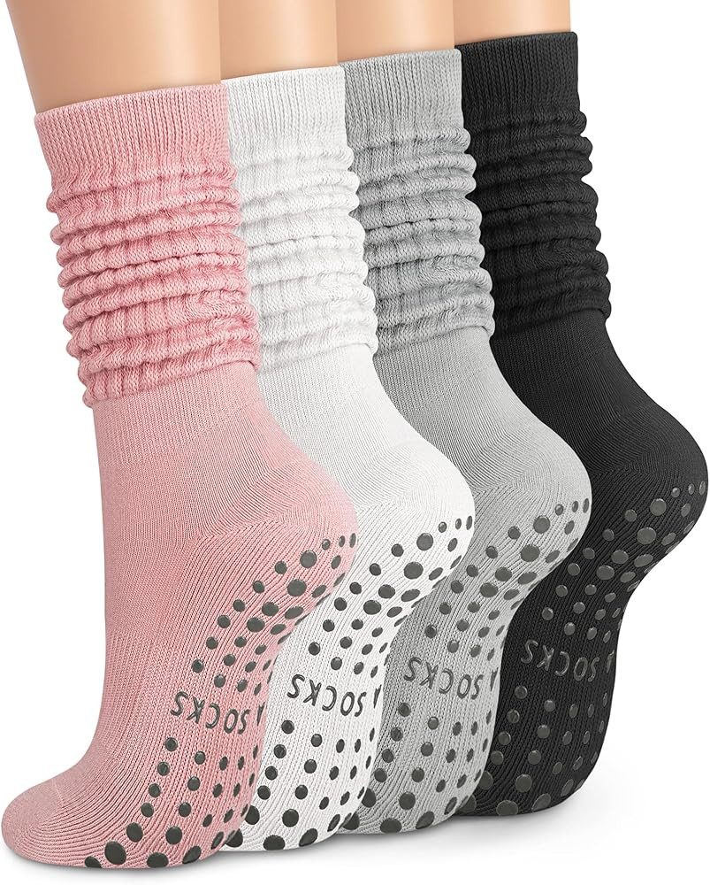 YSense 4 Pairs Pilates Socks with Grips for Women Non Slip Long Slouch Socks Yoga Grippy Sock Slo... | Amazon (US)