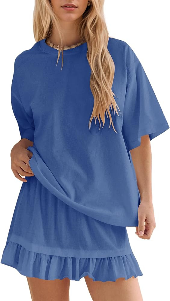 OLAPTA Women 2 Piece Summer Outfits Short Sleeve Crewneck Tee Tops and Tiered Ruffle Mini Skirts ... | Amazon (US)