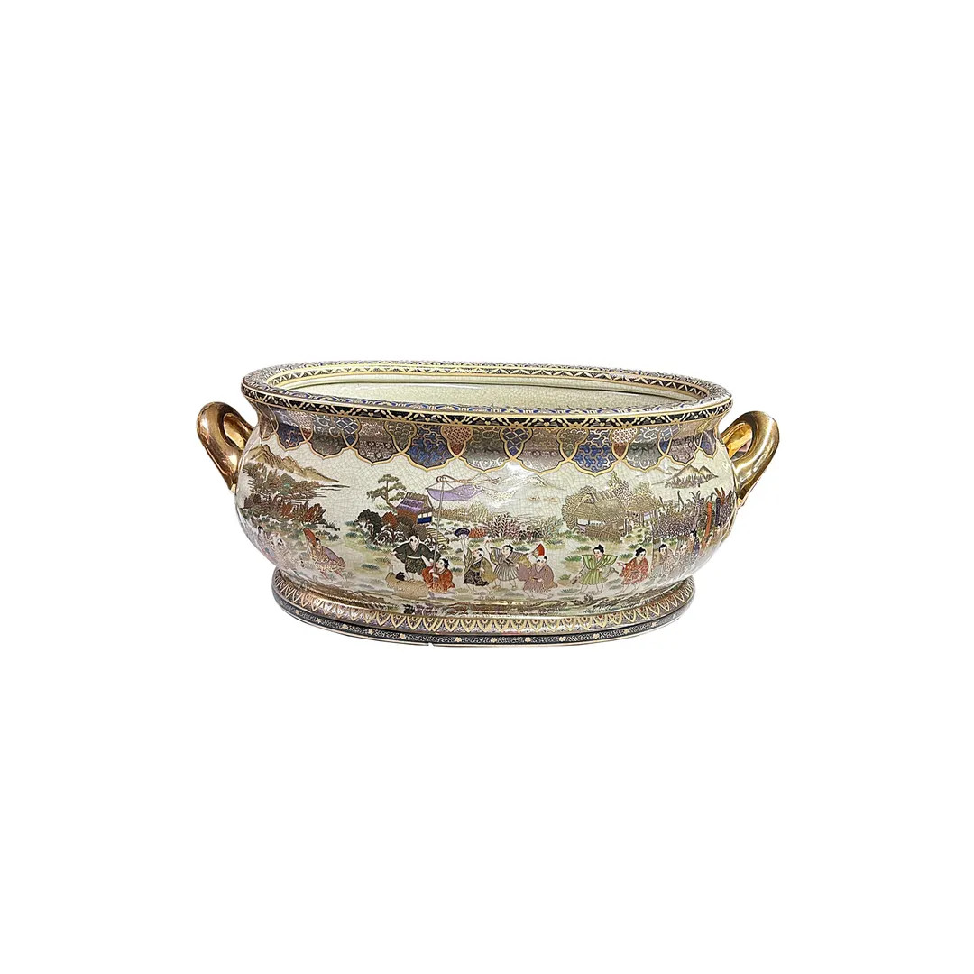 Porcelain Oriental Golden Color Satsuma Graphic Oval Pot GB229E | Etsy (US)