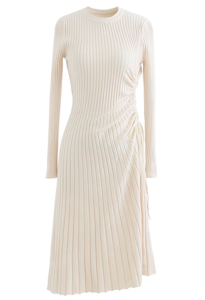 Side Drawstring Ribbed Knit Midi Dress in Ivory | Chicwish
