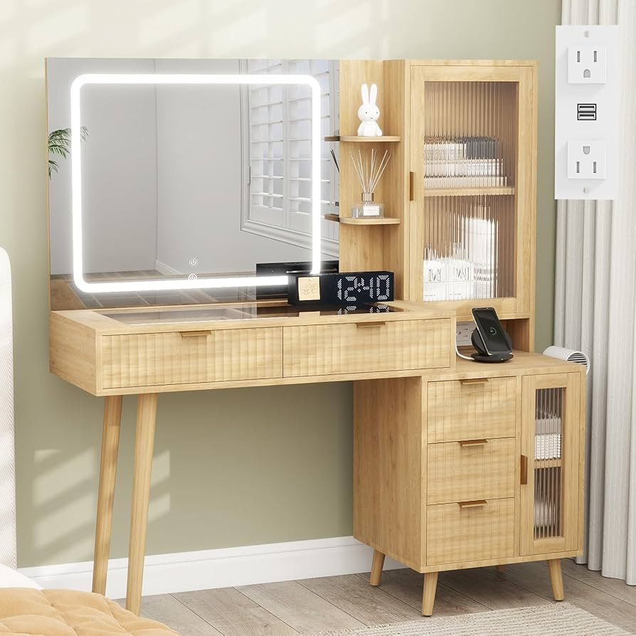 49" Wood Vanity Desk with Mirror and Lights, Boho Fluted Makeup Vanity Table with Modern Glass To... | Amazon (US)