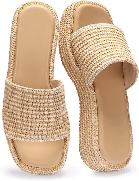 Monrovia Platform Sandals Women Raffia Espadrille Slides, Woven Straw Flatform Beach Sandals Wome... | Amazon (US)