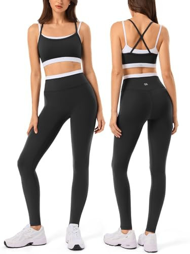 Women Workout Sets Cross Back Strappy Sports Bra High Waist Seamless Yoga Leggings 2 Piece Outfits for Gym,Lounge Wear | Amazon (US)