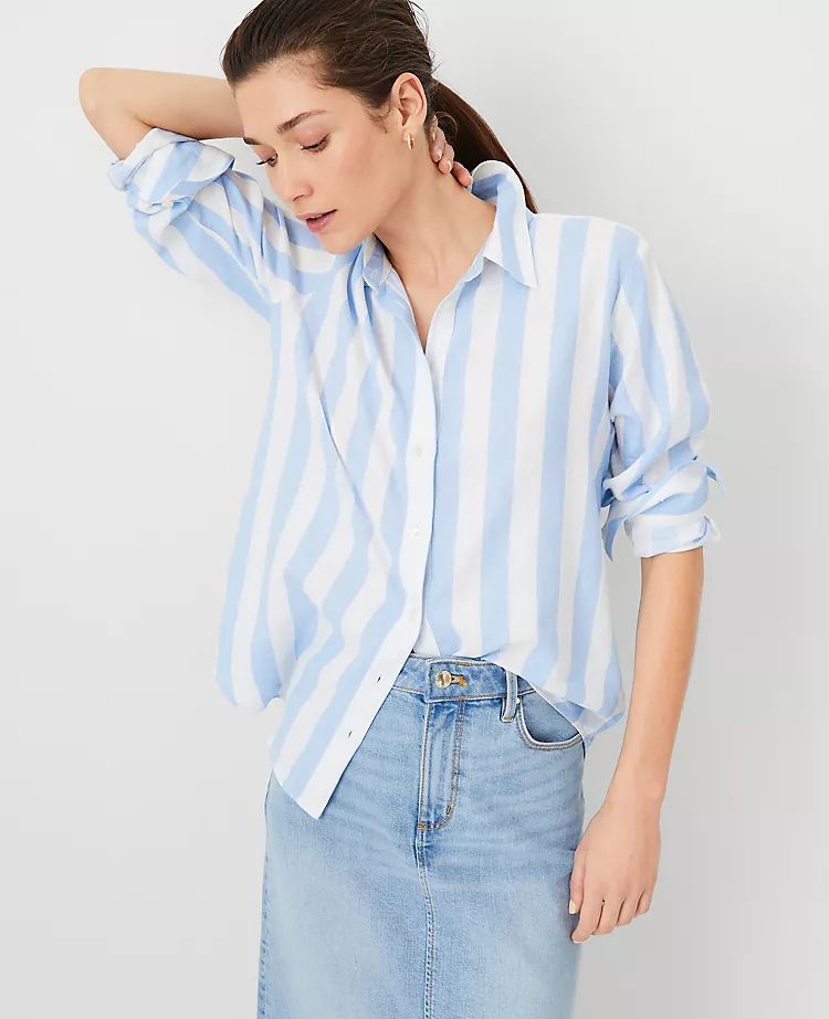 AT Weekend Striped Linen Blend Relaxed Shirt | Ann Taylor (US)