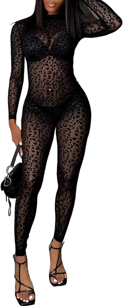 hibshaby Sexy Mesh Black Leopard Jumpsuits for Women Bodycon Outfits Streetwear Rompers | Amazon (US)