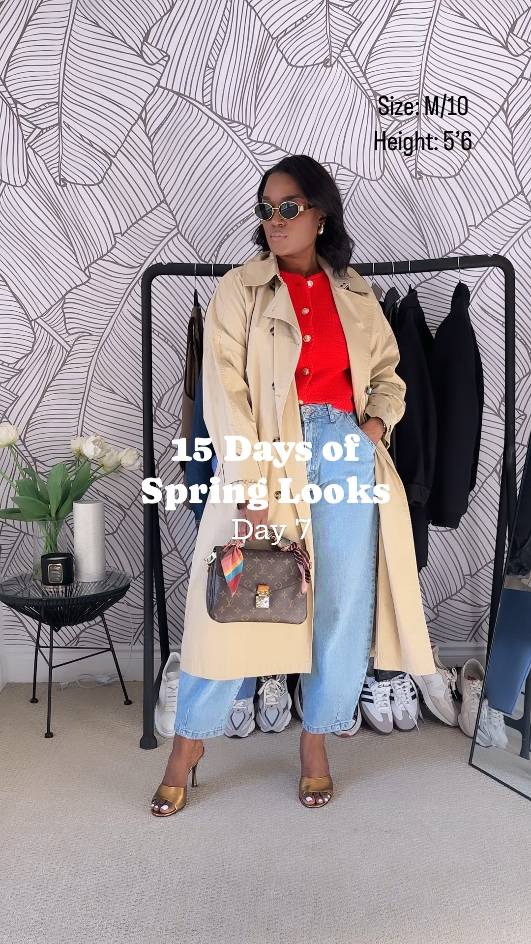 
Day 7 of the Spring Fashion Series exudes a nautical vibe with a stunning red button-down cardigan, barrel-leg jeans, a timeless trench coat, paired with sophisticated gold heels, a stylish top handle bag, and fashionable gold sunglasses. This ensemble is perfect for a spring lunch date or a casual coffee meetup with friends. 

#LTKmidsize #LTKover40 #LTKstyletip