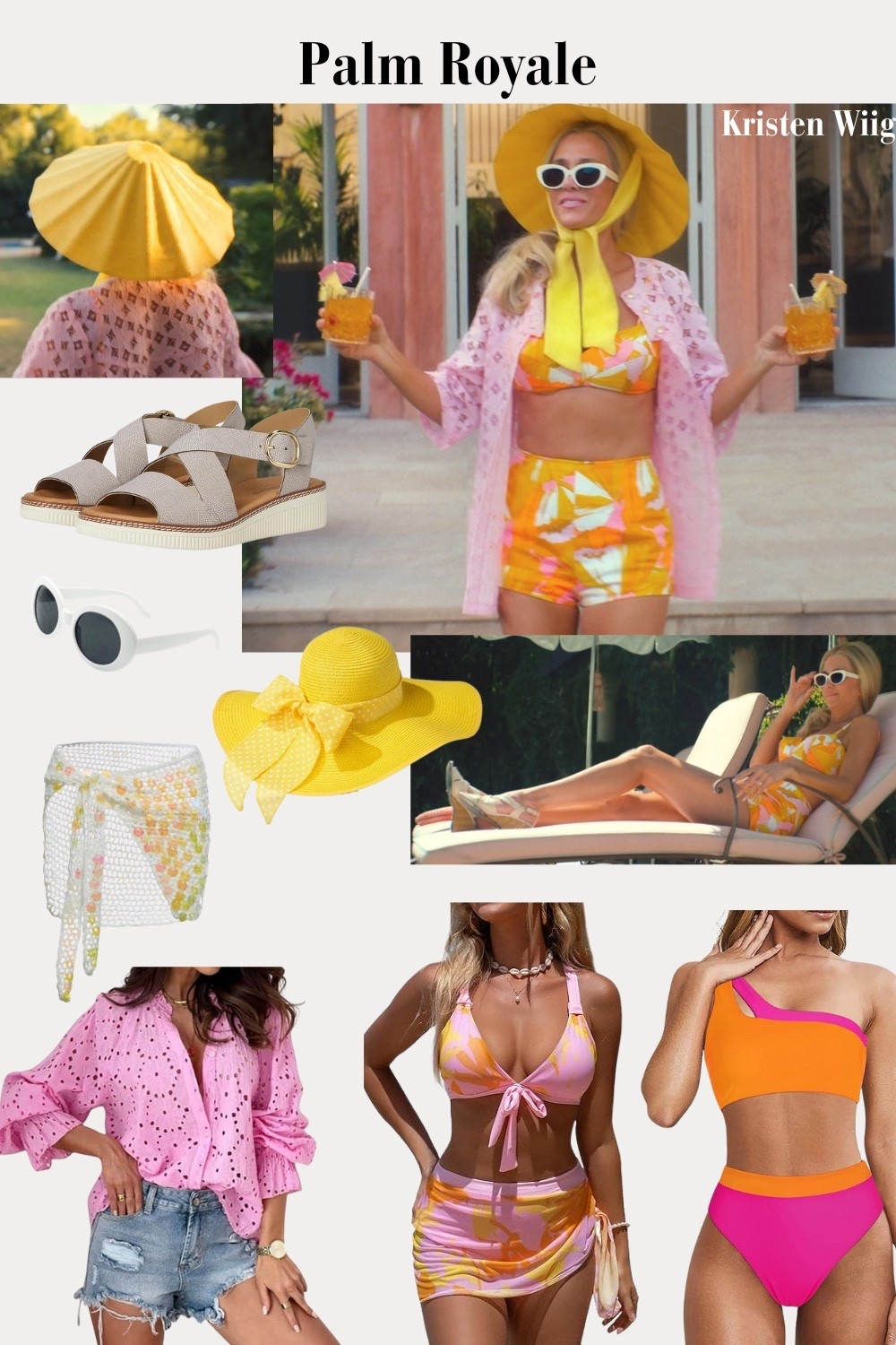 Maxine Simmons Outfit 1 Episode 4 - Maxine in vintage Tori Richard orange print shorts and bikini top, large yellow brim sun hat, and pink lace cover-up.