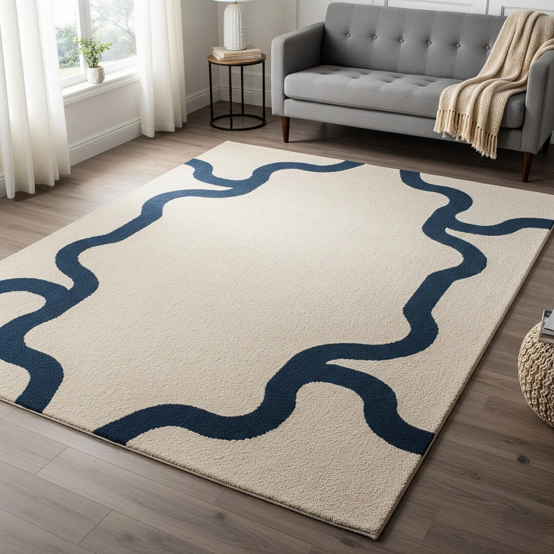 Hand Tufted Wool Area Rug, Modern Cream Navy Blue Abstract Rug for Bedroom 8x10 - Etsy | Etsy (US)