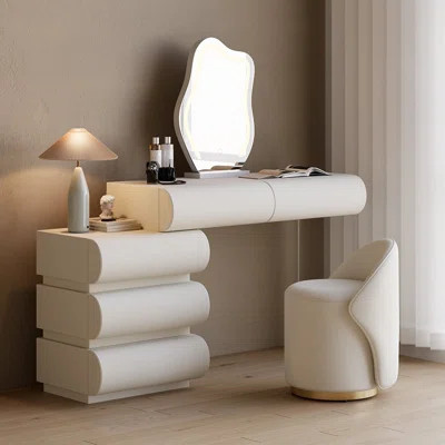 Humply Makeup Vanity Set with Mirror and Lights 40'' to 53'' LED Touchscreen Mirror Five Drawers Ample Storage Included Leather Stool White Faux Leath | Wayfair North America