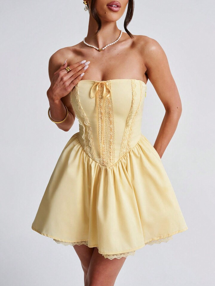 Women's Summer Casual Corset Mini Dress Strapless Lace Trim Solid Color Tube Top Dress Short Part... | SHEIN