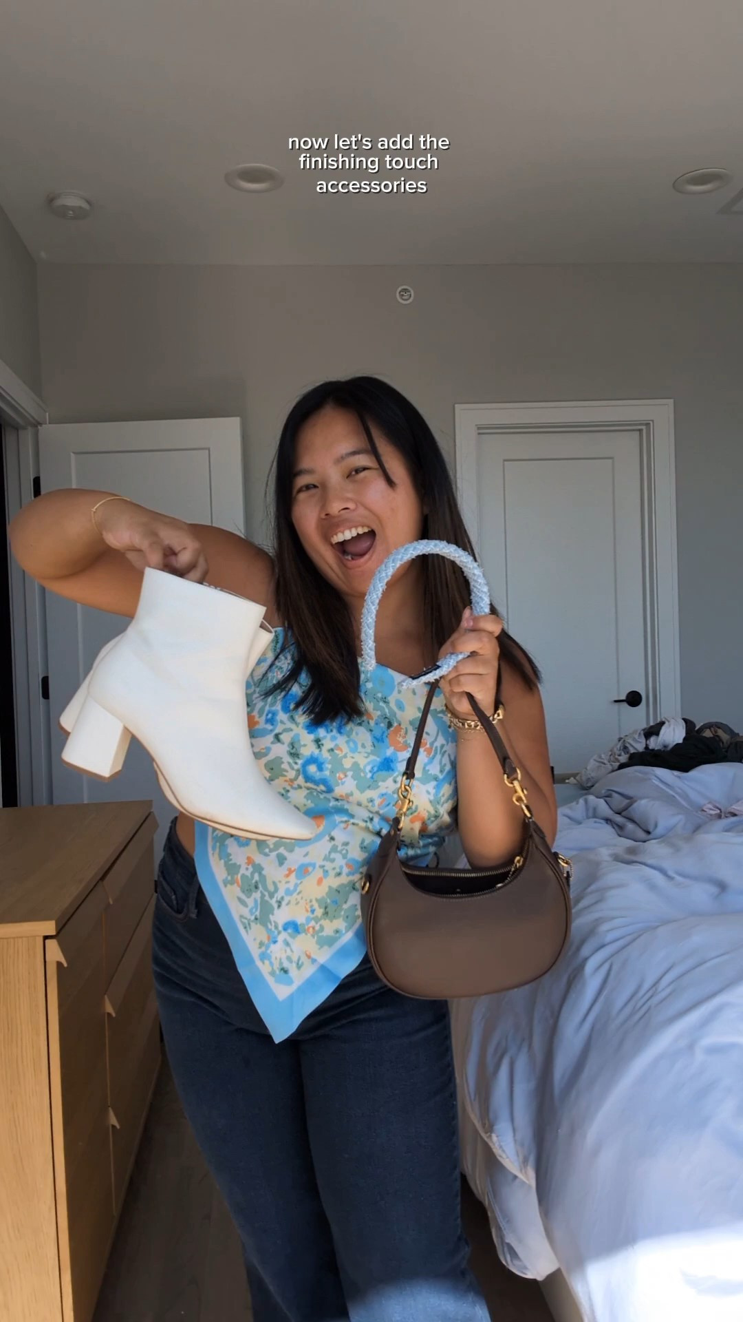 Wear this triangle crop top (Amazon size L) if you're worried about your belly! Wear this outfit to brunch with the girls or on a date. Sleeveless top with jeans (size 31 - Jessica Simpson brand; perfect with heels since I'm 5'2) makes it good for fall as it gets colder but can still be hot. The brown Coach Jonie purse helps ground it for the fall.

#LTKPetite #LTKMidsize