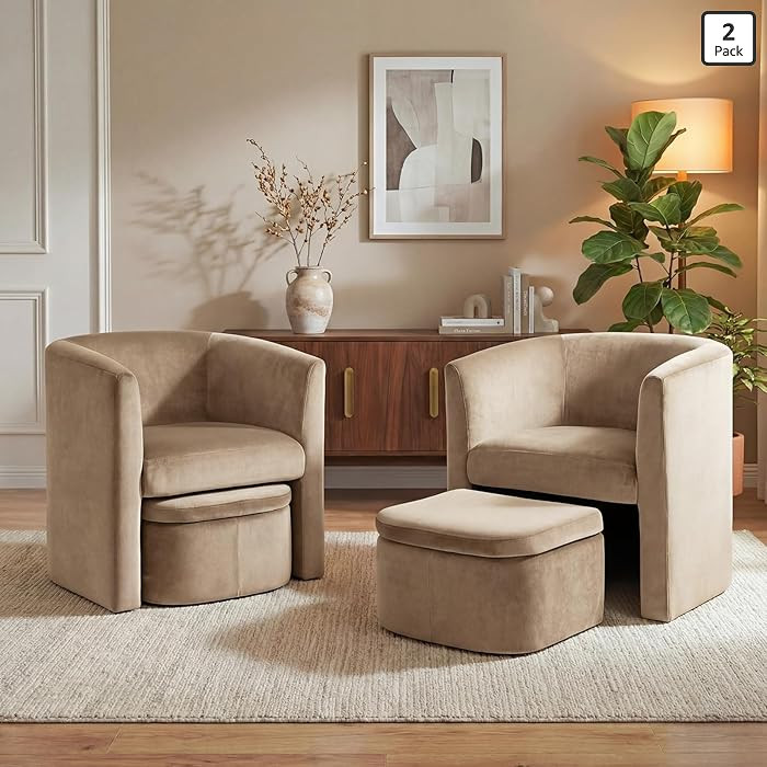 COLAMY Morden Velvet Barrel Accent Chair with Storage Ottoman Set of 2, Upholstered Living Room S... | Amazon (US)