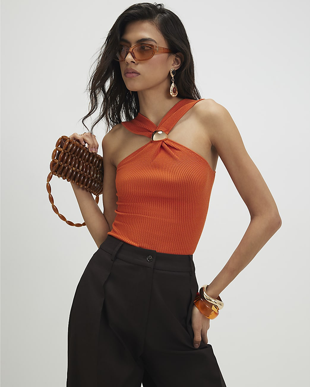 Orange Knitted Halter Neck Brooch Top | River Island UK & IE