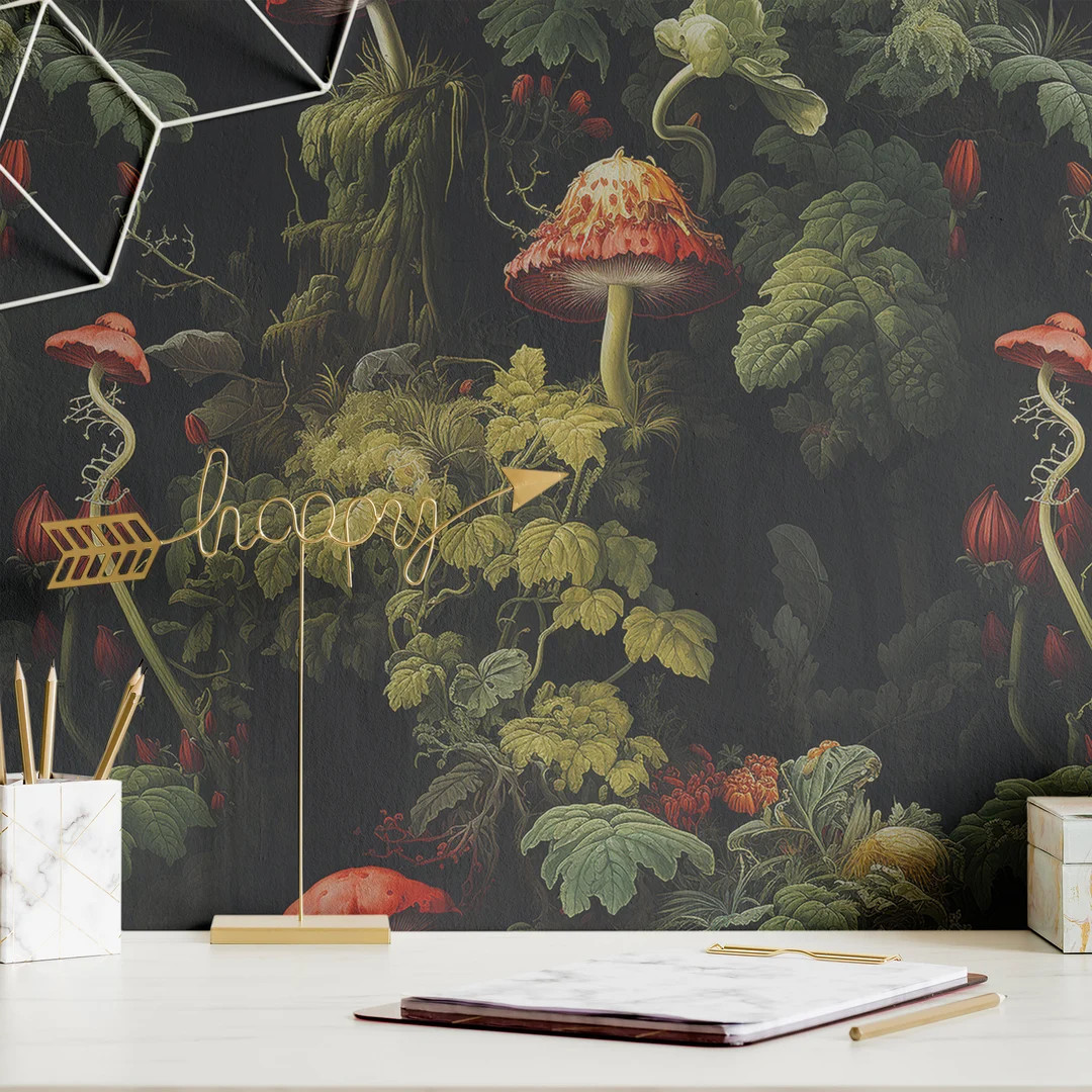 Wallpaper Whimsical Vintage Red Mushroom Botanical Luxury Wall Decor Dark Forest Removable Peel a... | Etsy (US)