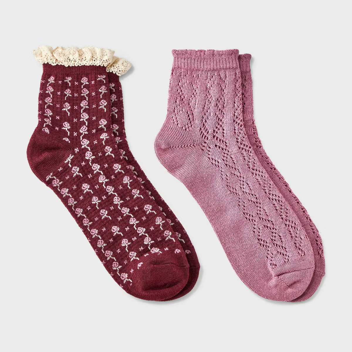 Women's Floral Lace and Pointelle 2pk Ankle Socks - Auden™ Berry/Pink 4-10 | Target