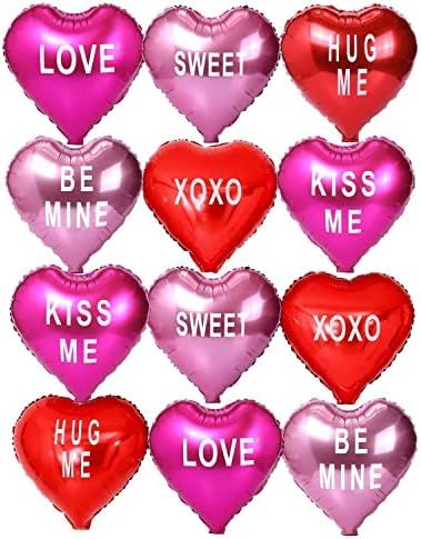 12 pcs Heart Balloons,18" Foil Love Balloons Mylar Balloons, XOXO LOVE SWEET BE MINE heart balloo... | Amazon (US)