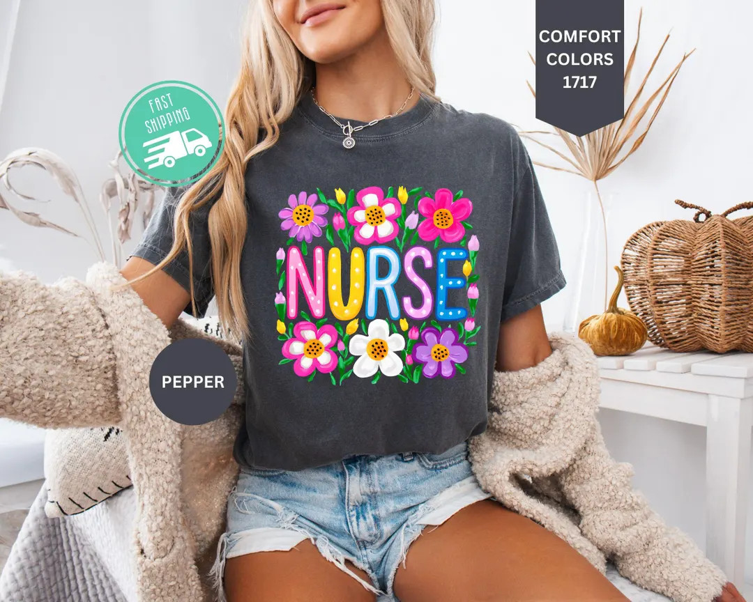 Comfort Colors Nurse Shirt, Floral RN Tee, Nurse Gift - Etsy | Etsy (Global)