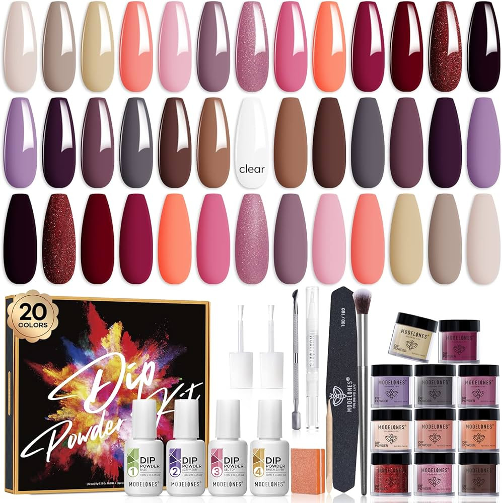 Modelones 32 Pcs Dip Powder Nail Kit Starter, 20 Colors Red Nude Brown Acrylic Dipping Powder Sys... | Amazon (US)