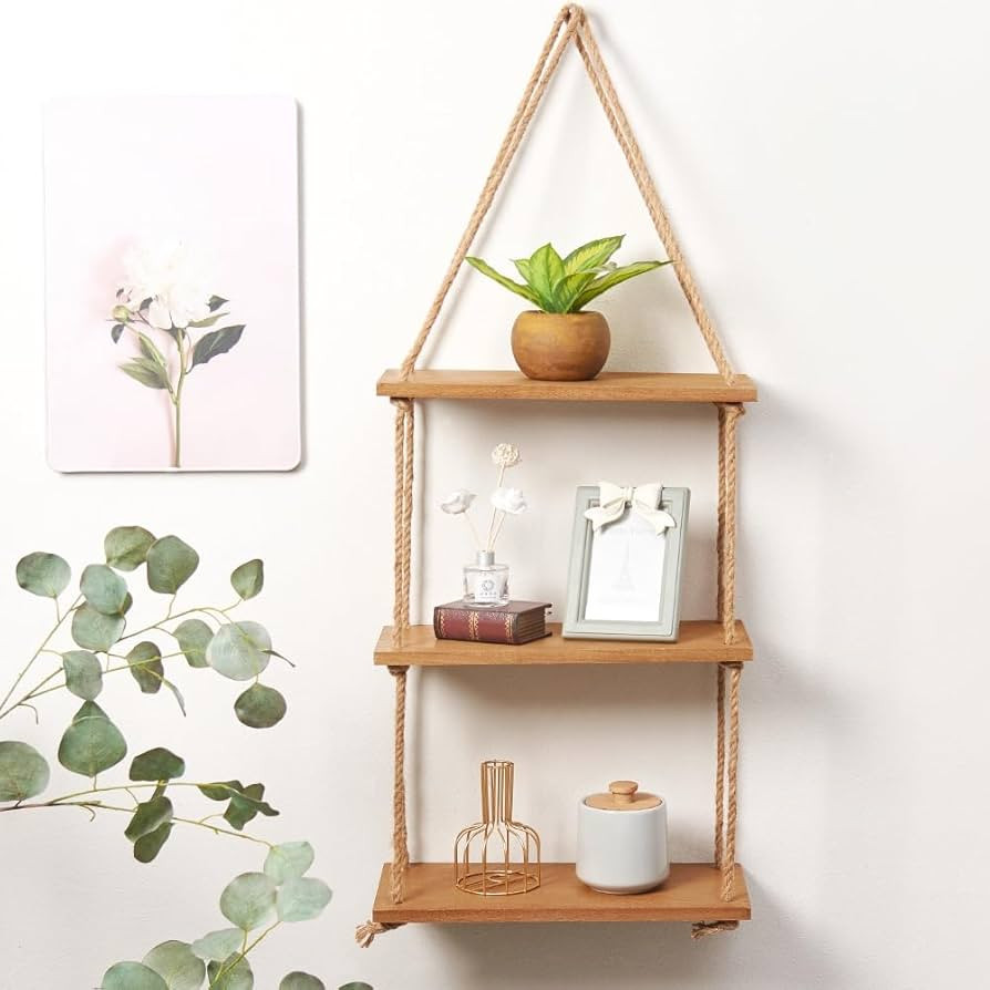SAND MINE 3 Tier Wood Hanging Shelf, Floating Wall Swing Storage Shelves, Jute Rope Organizer Rac... | Amazon (US)