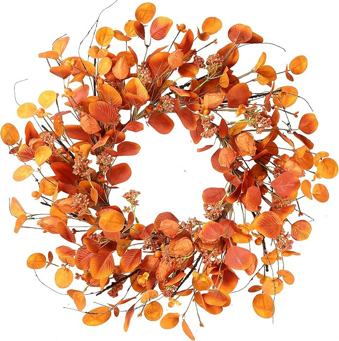 Sggvecsy Fall Wreath 20’’ Autumn Front Door Wreath Harvest Wreath with Eucalyptus Berries Silk Orange Leaves Cape Gooseberries for Outside Indoor Home Wall Festival Thanksgiving Farmhouse Decor | Amazon (US)