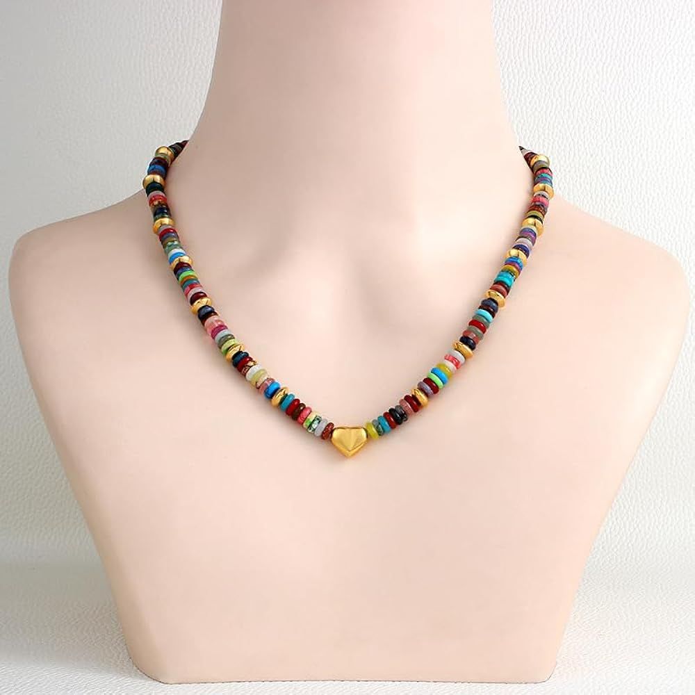 Bead Choker Necklace Natural Stone Gemstone Colorful Beaded Necklace 18K Gold Plated Boho Seed Be... | Amazon (US)
