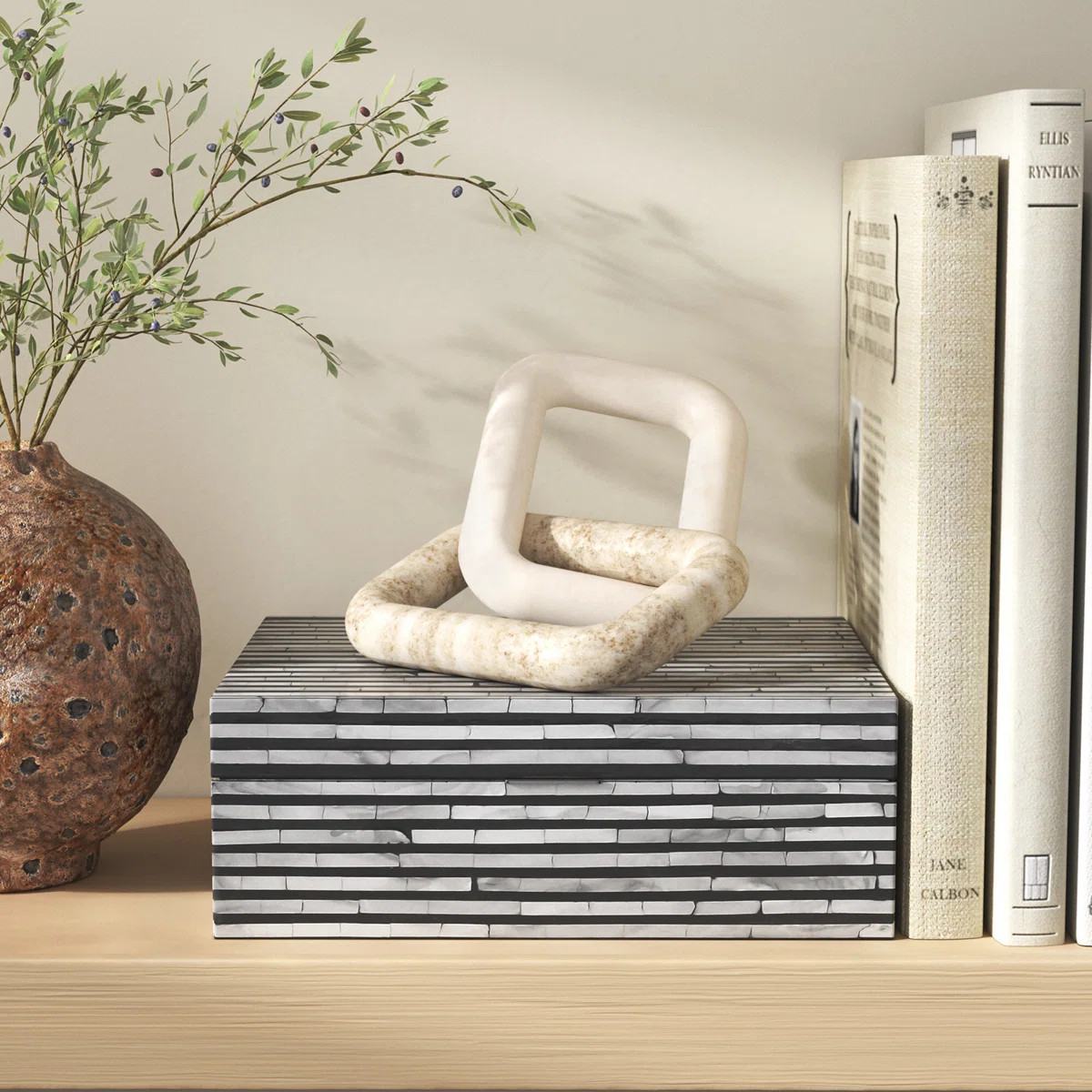 Joss & Main 10" Marble 2-Link Sculpture Decor Contemporary Abstract White and Onyx Decorative Tab... | Wayfair North America