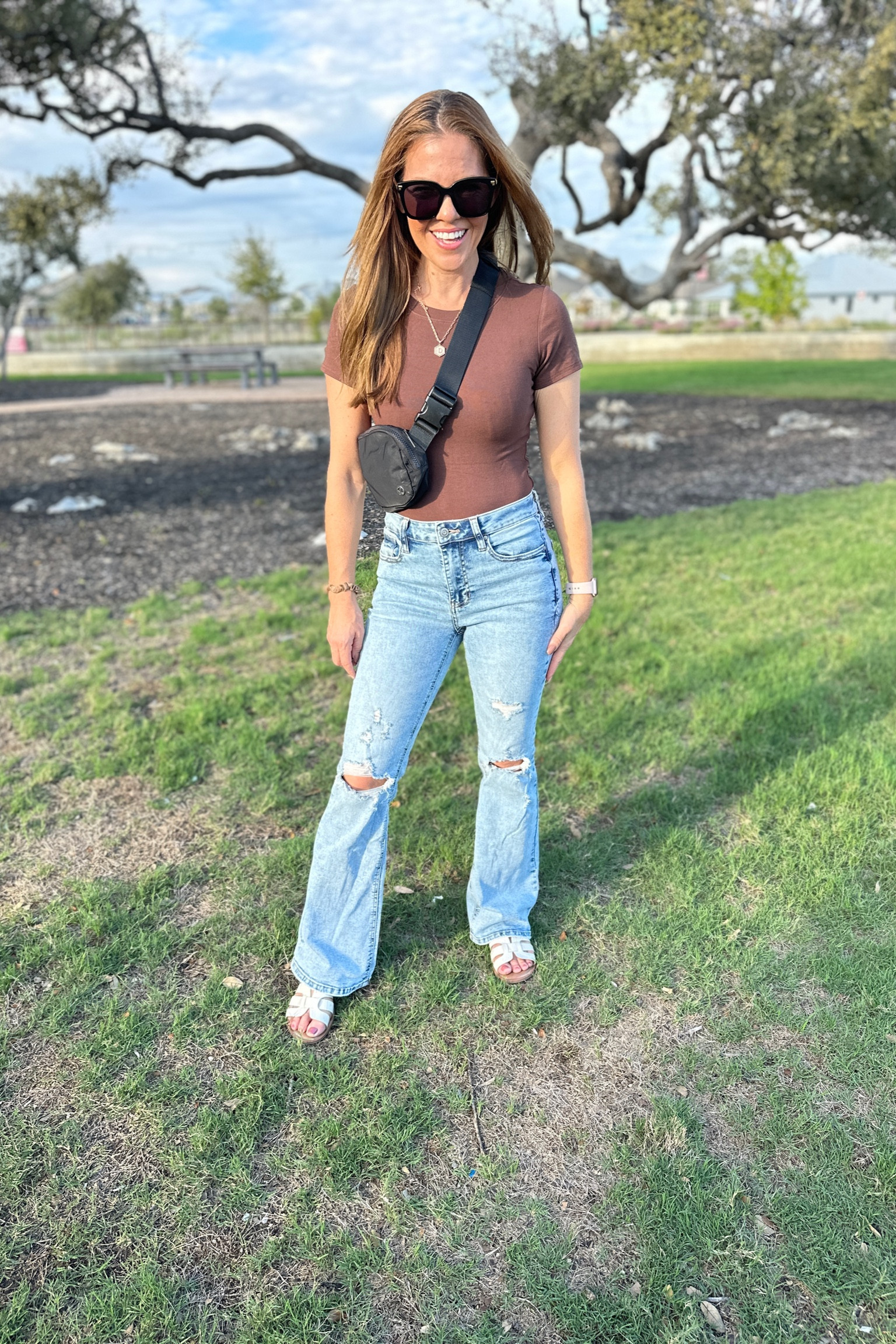 Casual fall outfit. Wear with sandals or sneakers🤍. I'm wearing Walmart jeans in size 5 (I normally do 3 and these stretch), Amazon bodysuit (comes in a 5 pack of neutral colors!), sandals fit tts. Linking cute sneakers too! 

Fall outfit
#ootd
Fall looks
Fall outfits
Fall fashion

#LTKfindsunder50 #LTKSeasonal #LTKstyletip