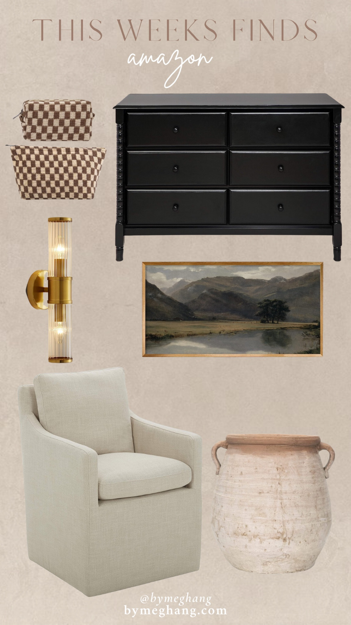 This weeks amazon finds! Checkered bags, affordable dresser, pretty sconce, art print, upholstered dining chairs, vintage planter, organic modern home decor 

#LTKhome #LTKFind