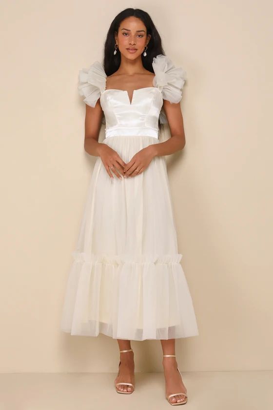 Angelic Radiance Cream Tulle Ruffled Off-the-Shoulder Midi Dress | Lulus