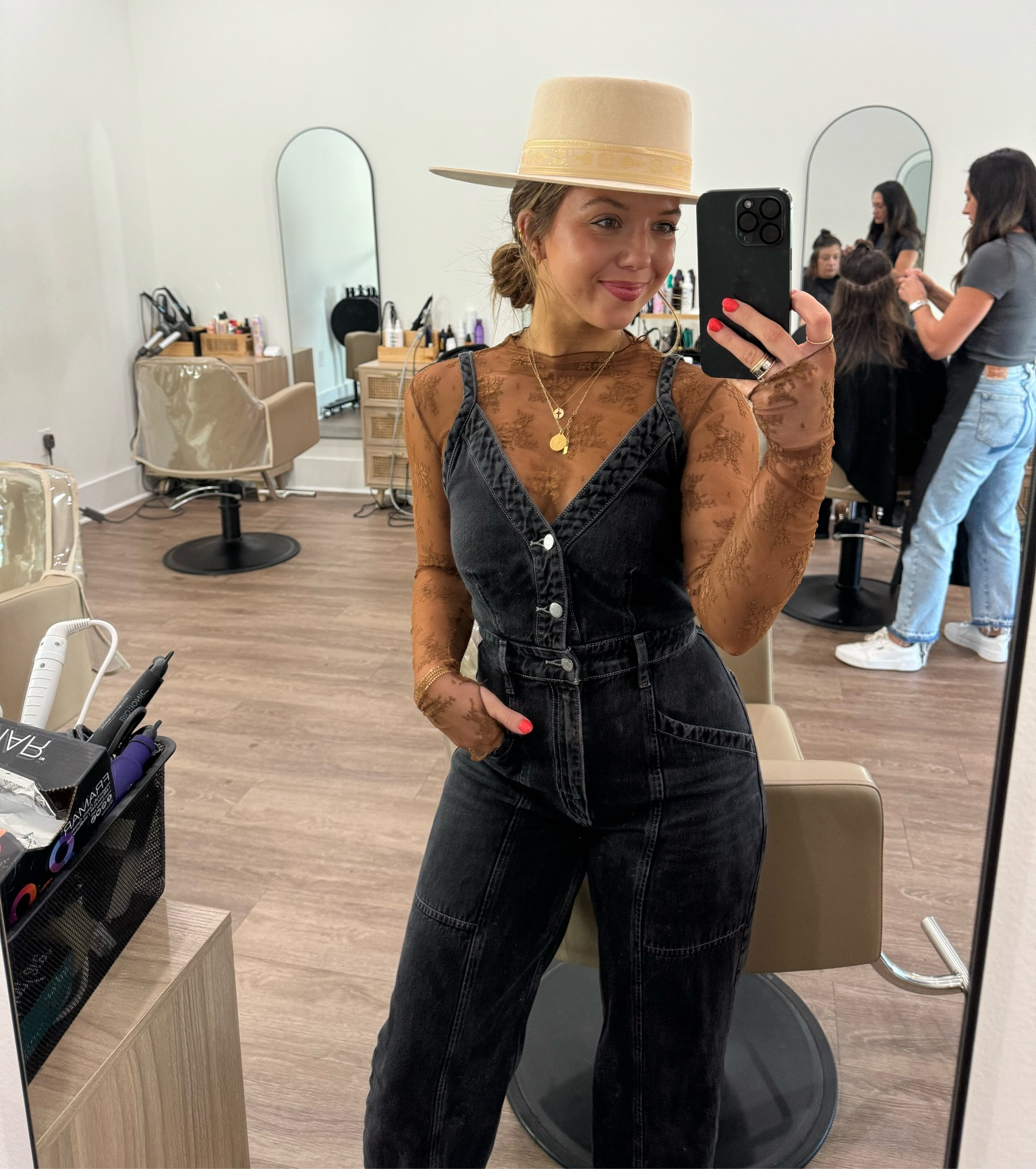 Short girl friendly overalls paired with a lace undershirt and a lack of color hat, of course!! 🤎🤎🤎

#LTKstyletip #LTKfindsunder50 #LTKSeasonal