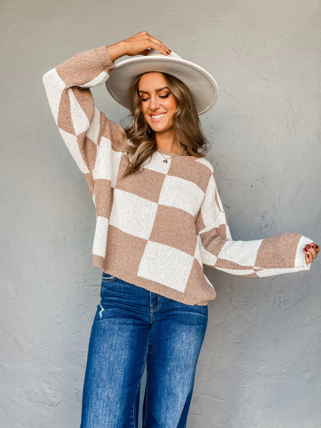 Perfect Mix Checkered Sweater-Brown | Ruthie Grace