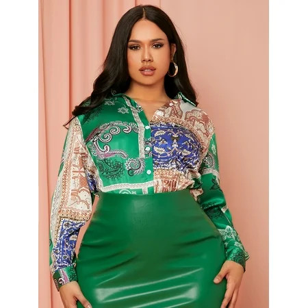 Women s Plus Scarf Print Satin Blouse 2022 0XL(12) Multicolor Casual F048D | Walmart (US)