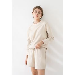 Round Neck Sweatshirt and Drawstring Shorts Set in Cream | Chicwish