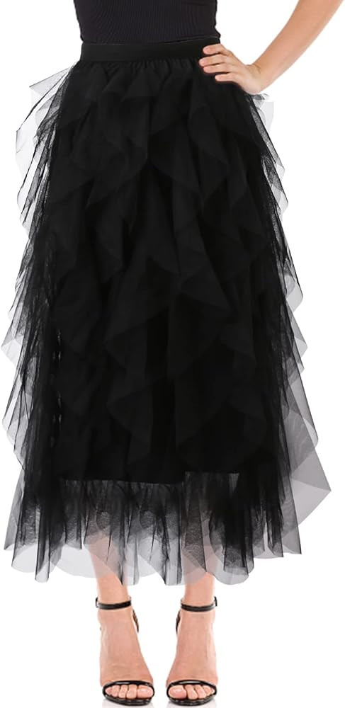 Women's Tulle Skirt A-Line High Low Asymmetrical 3 Layered Midi Length Elastic Waist Tutu Skirts | Amazon (US)