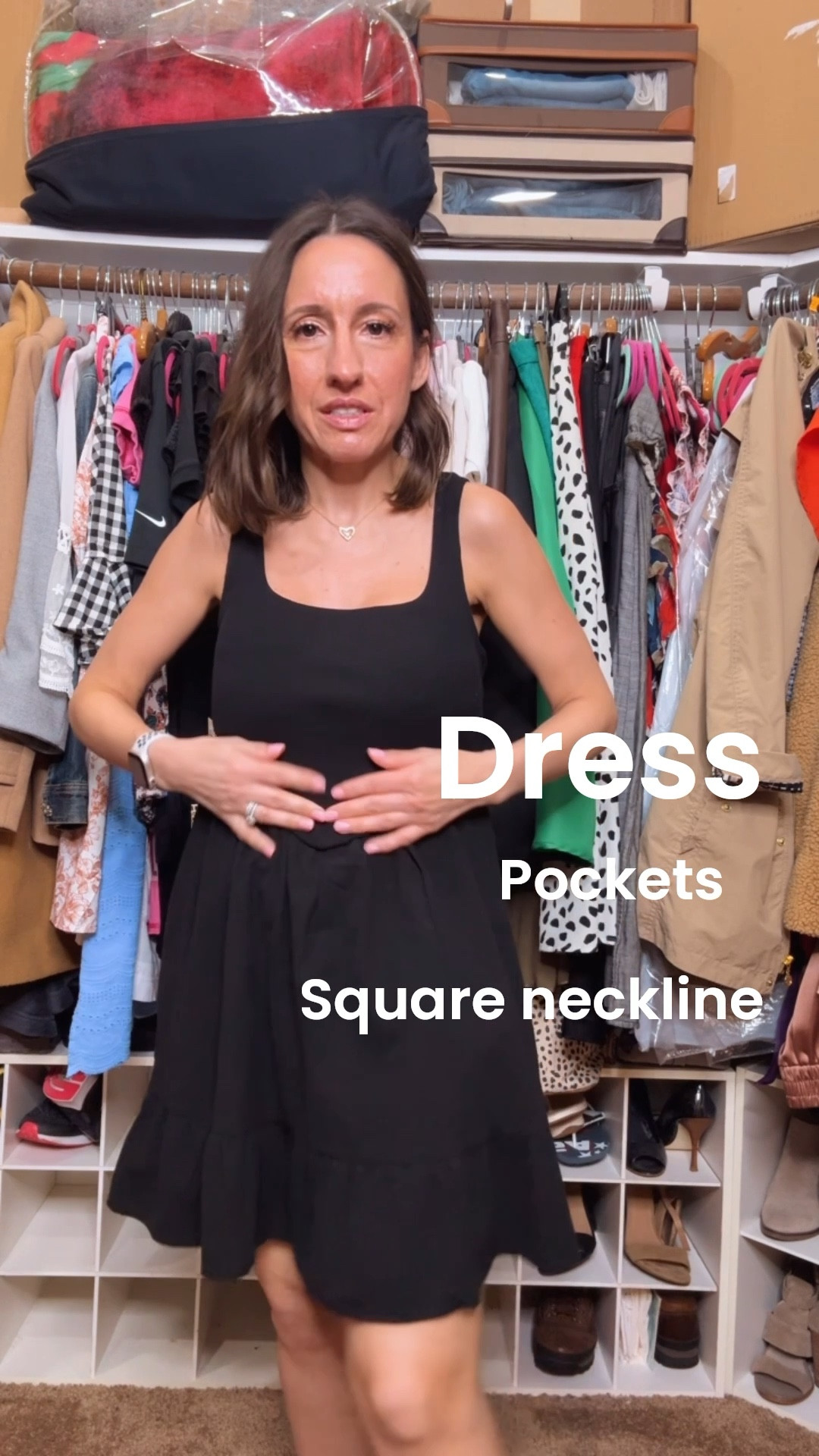 Black dress with a square neckline. It comes in yellow as well. 
It runs tts. Love the fit. 
Petite style 
Petite outfit 
Little black dress 

#LTKootd #LTKOver40 #LTKPetite