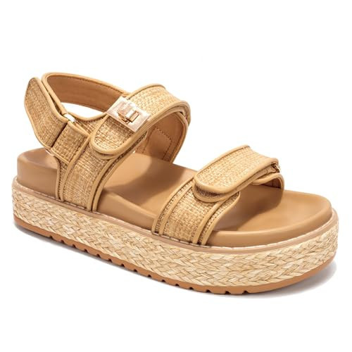Moonest Raffia Sandals for Women Platform Sandals for Women Comfortable Casual Summer Shoes Straws Chunky Beach Sandals Apricot Weave Tan Raffia Natural Beige Szie 7.5 | Amazon (US)