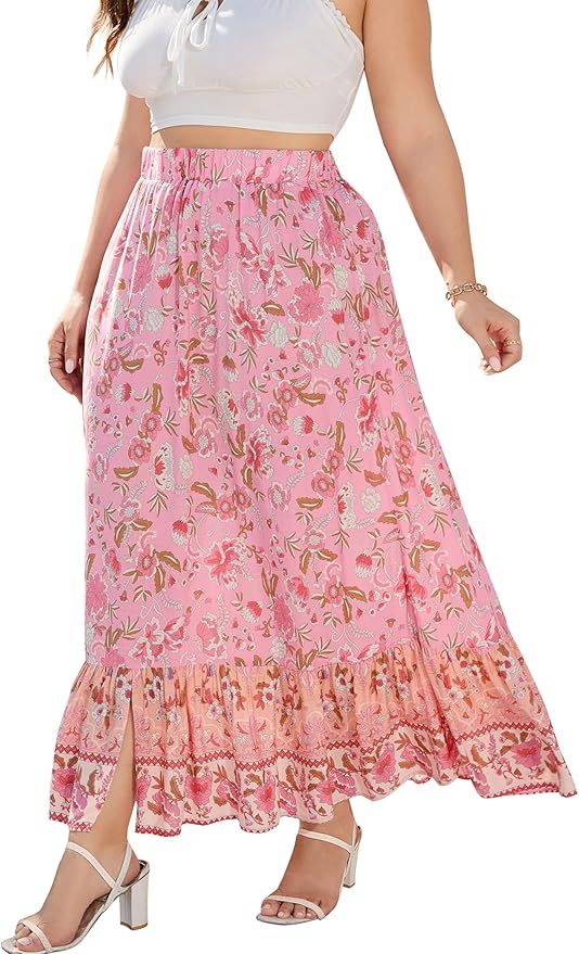 KOJOOIN Womens Plus Size Boho Vintage Ruched Elastic High Waist Floral Printed Pleated Long Flowy... | Amazon (US)